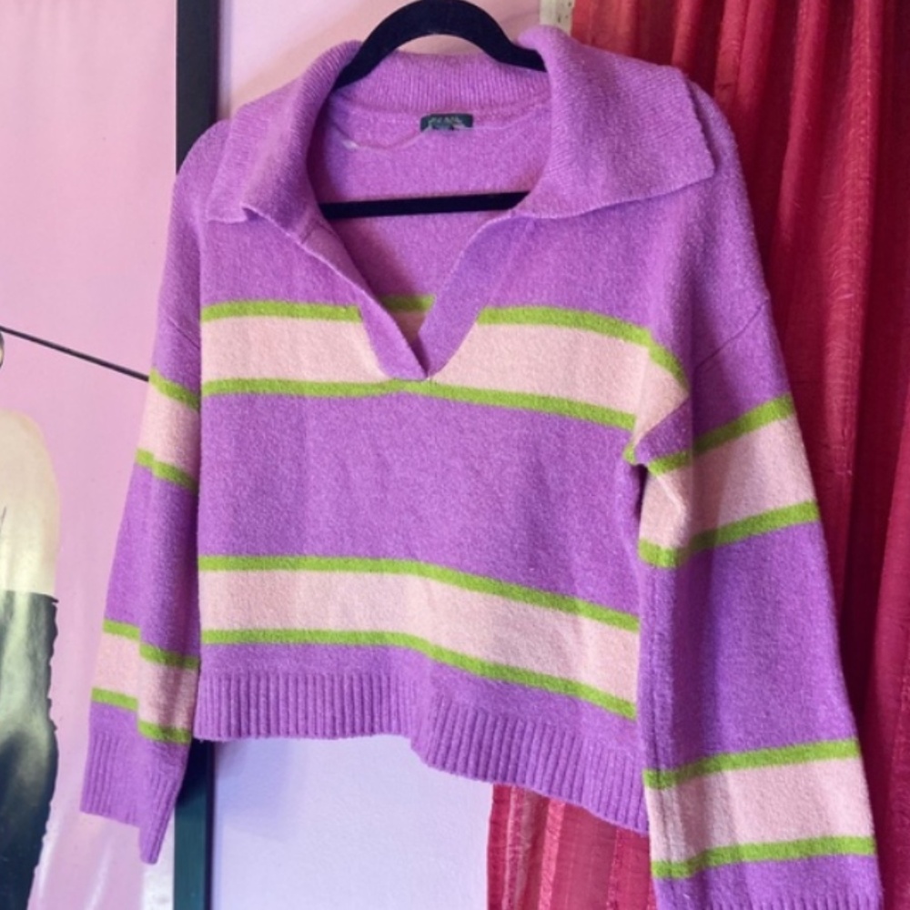 Wild Fable Cropped Orchid Striped V Neck Lightweight Pullover Sweater Women’s Sm - Picture 4 of 5
